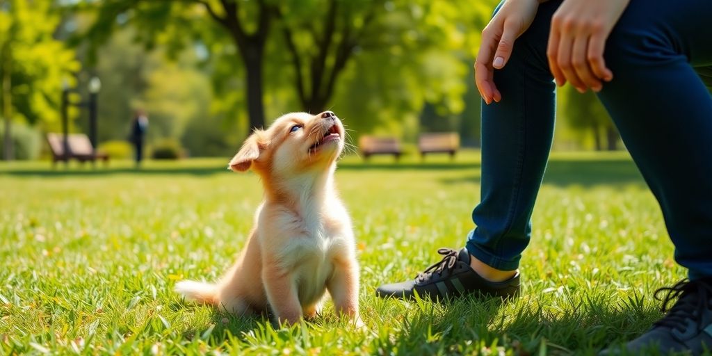 Happy puppy learning basic commands outdoors.