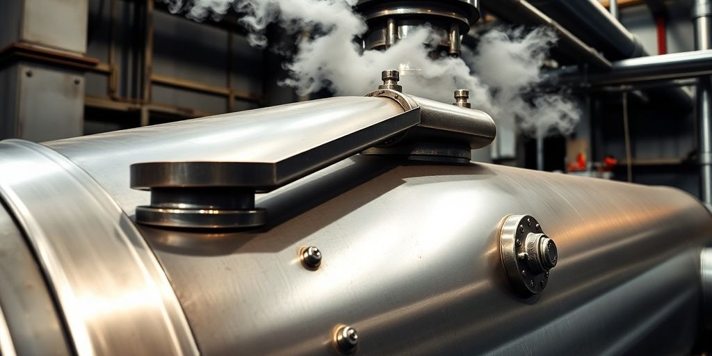 Industrial steam boiler with pipes and steam in factory.