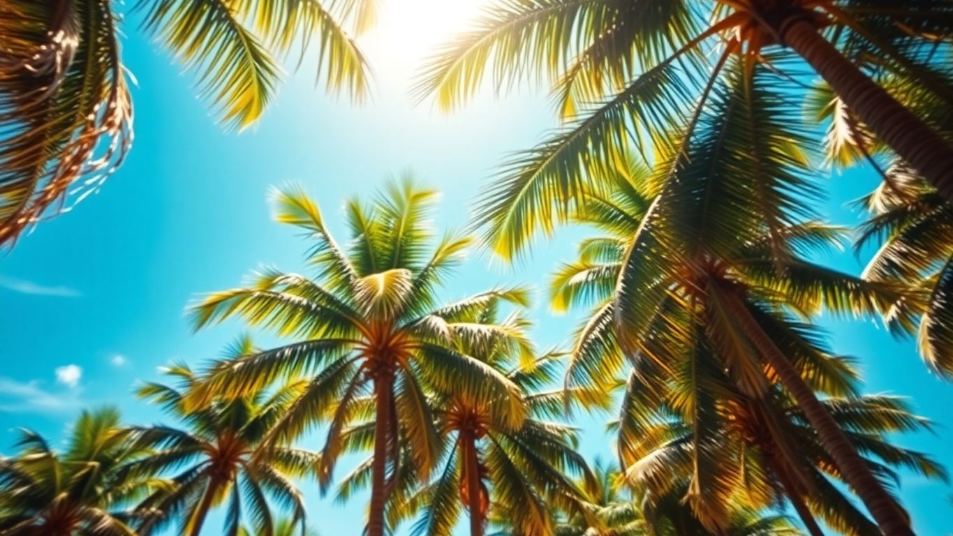 Vibrant palm trees against a clear blue sky.