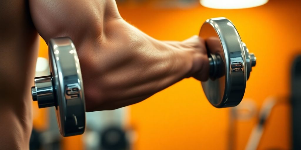 Man's hand holding a single dumbbell.