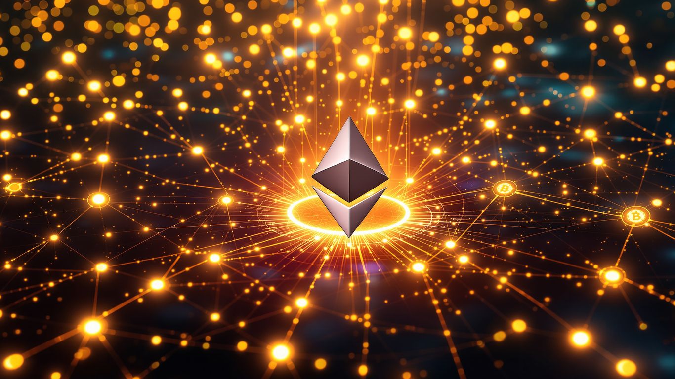 Ethereum logo with digital currency streams