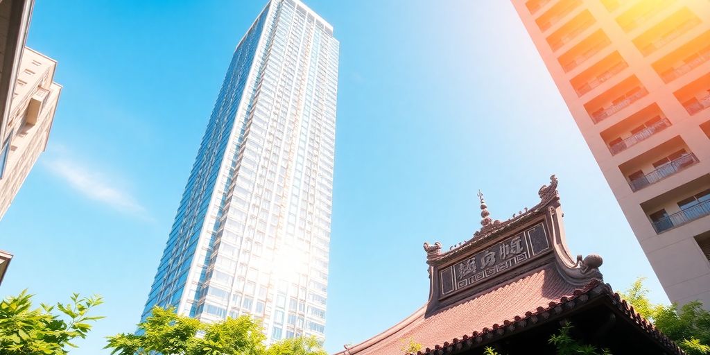 Modern city skyline with traditional architecture