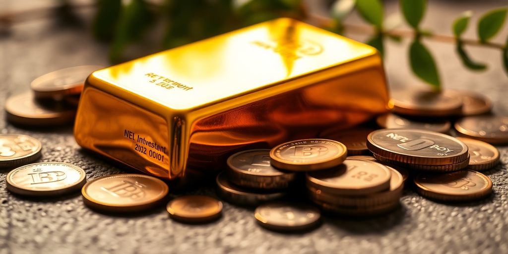 Une barre d'or entourée de pièces sur une surface.