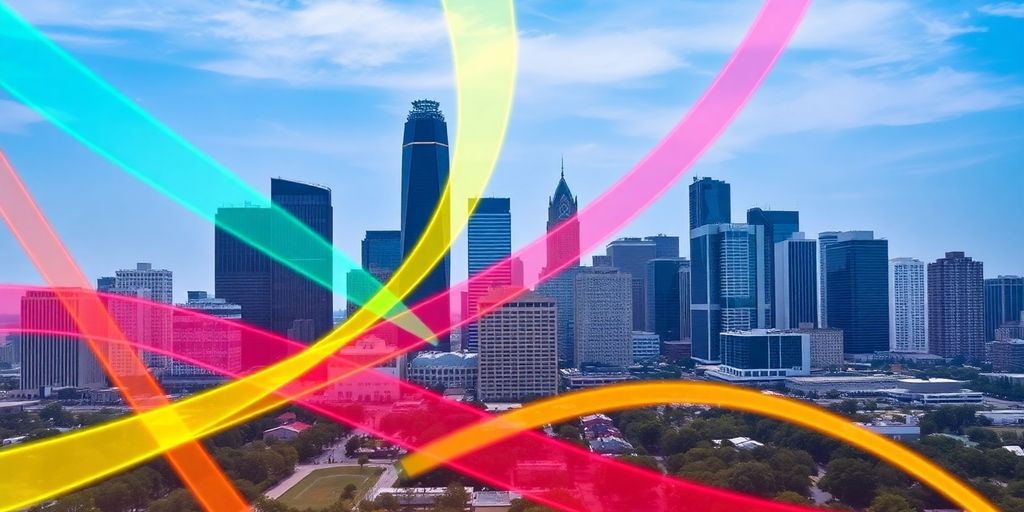 Dallas skyline with abstract growth visuals.
