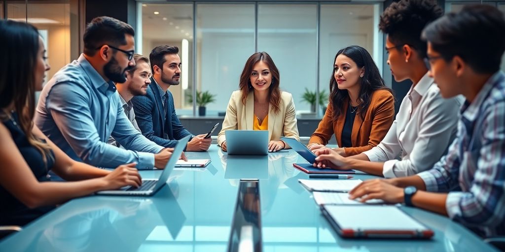 Diverse team collaborating in a modern office setting.