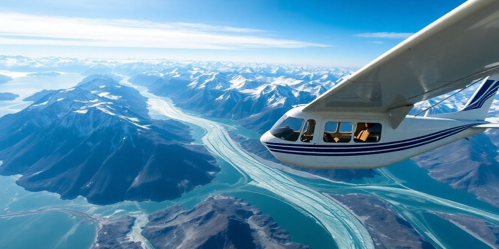 A small plane flies over majestic snow-covered Alaskan mountains.