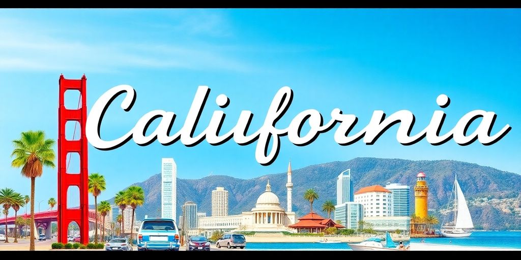 Collage of iconic California city landmarks and landscapes.