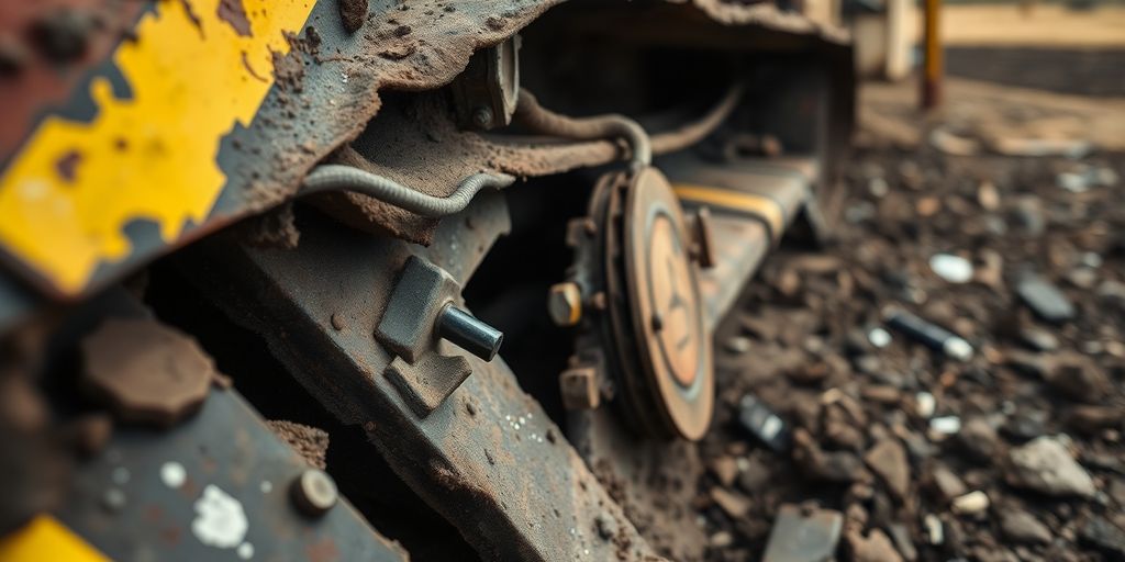 Damaged oilfield equipment in a rugged landscape.
