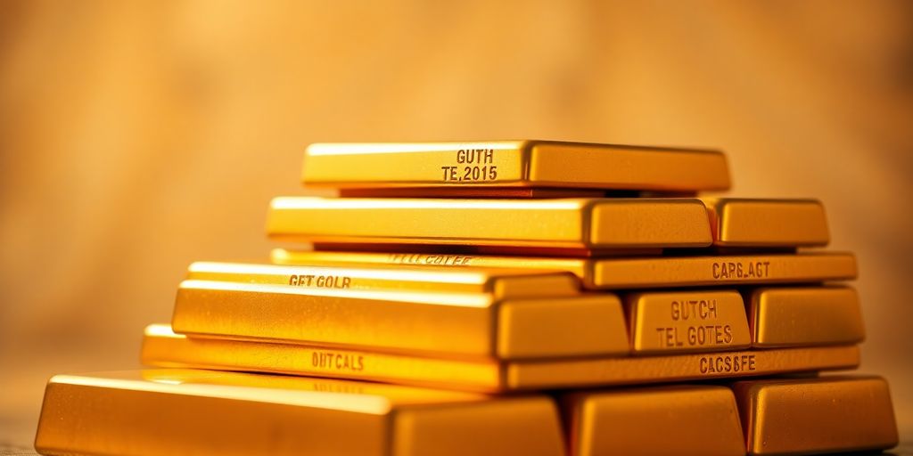 Barres d'or empilées sur un fond flou élégant.