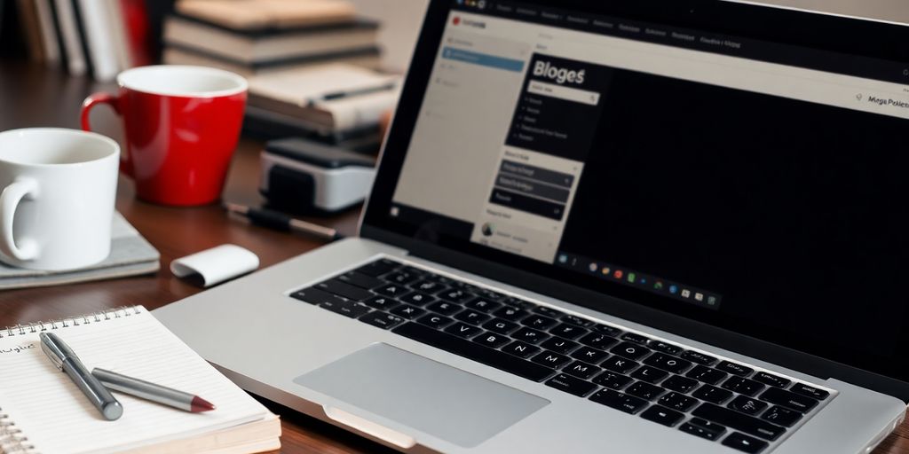 Laptop and tools for optimizing blog posts.