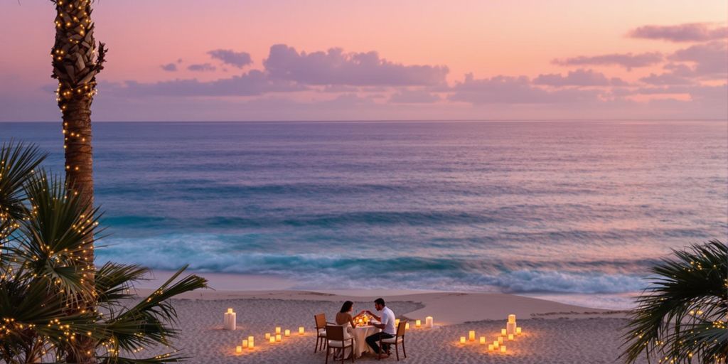 Couple dining on the beach at sunset.