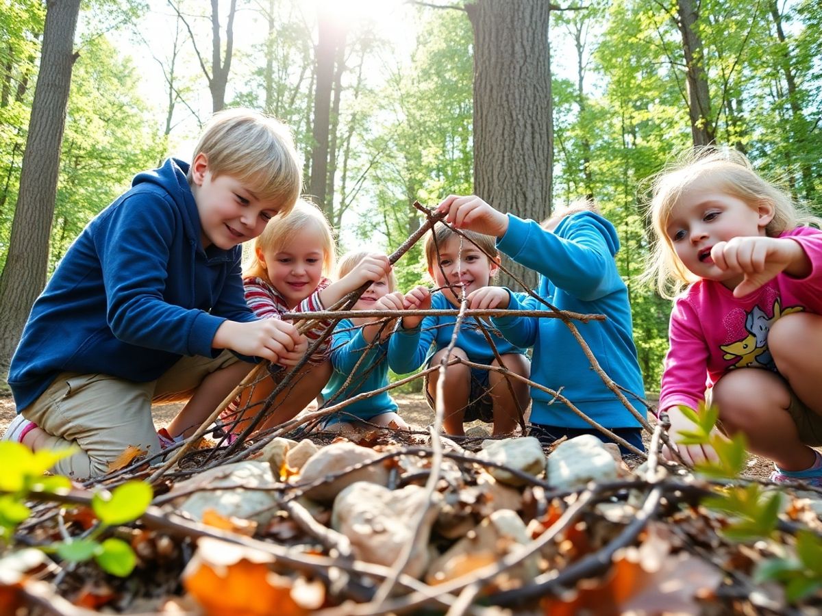 Copii construind cu crengi și pietre în pădure.