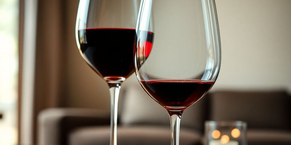 Two elegant wineglasses, filled with red wine.
