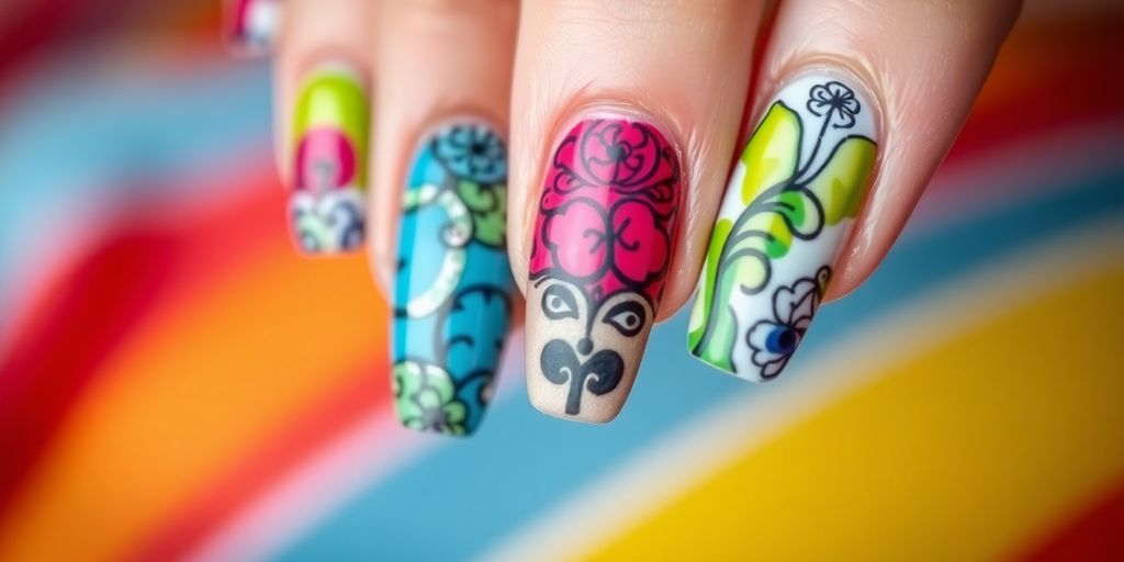 Unhas grandes e pintadas com designs vibrantes.