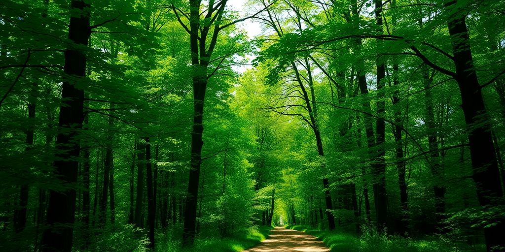 Forêt Bouskoura, arbres verts, sentier ensoleillé