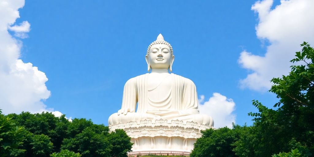 Giant white marble Buddha statue, sunny sky