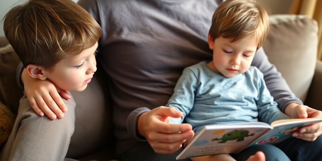 Child sitting calmly beside a parent, both smiling softly.