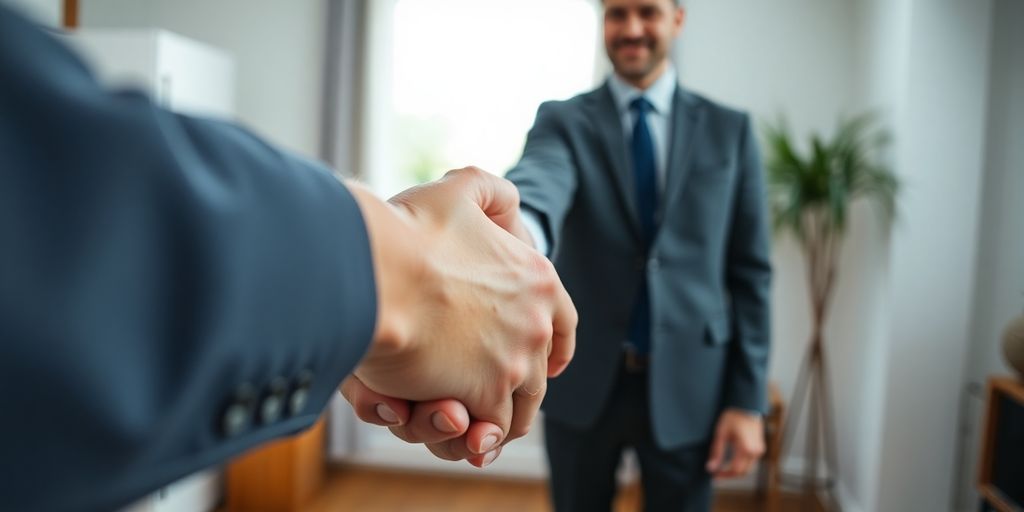 Personne souriante serrant la main d'un professionnel