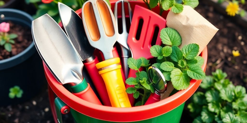 Colorful garden bucket with organized tools and gloves.