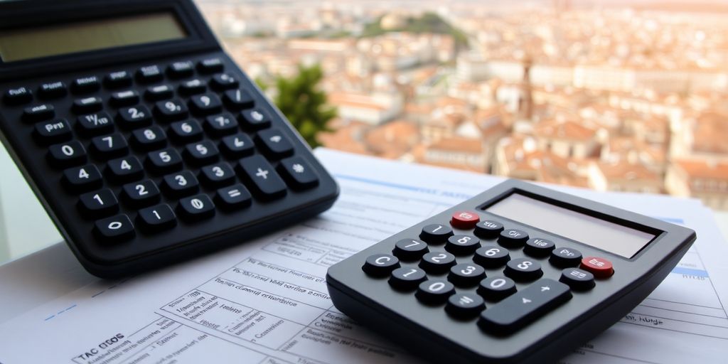 Calculator on tax documents with a Spanish city view.