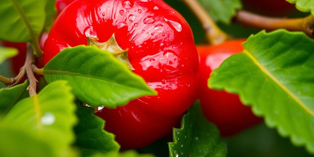 Close-up of rosehip fruit with green leaves.