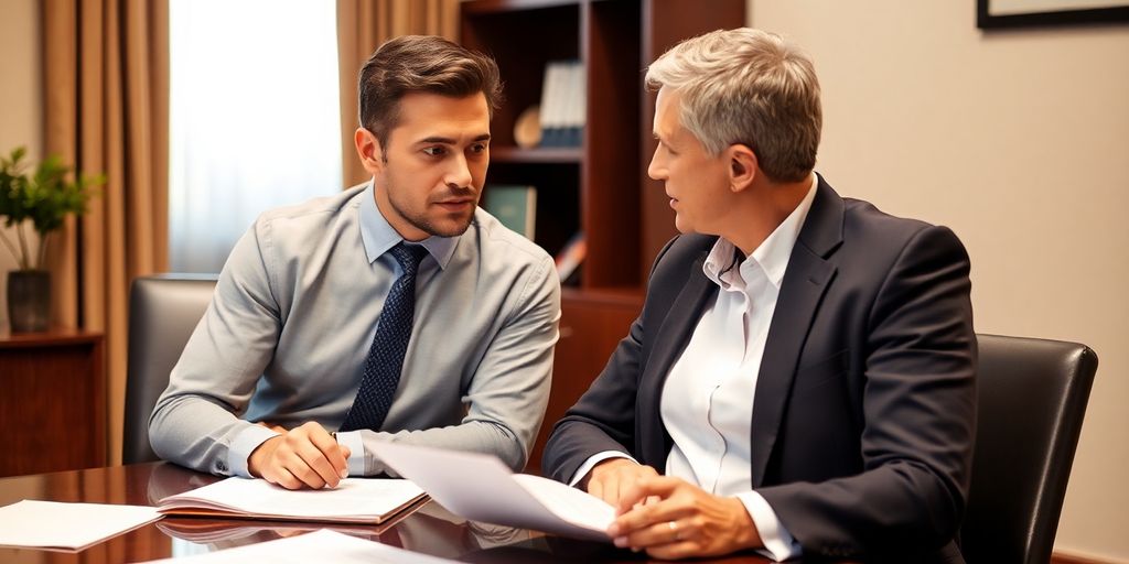 Lawyer and client discussing legal matters in an office.