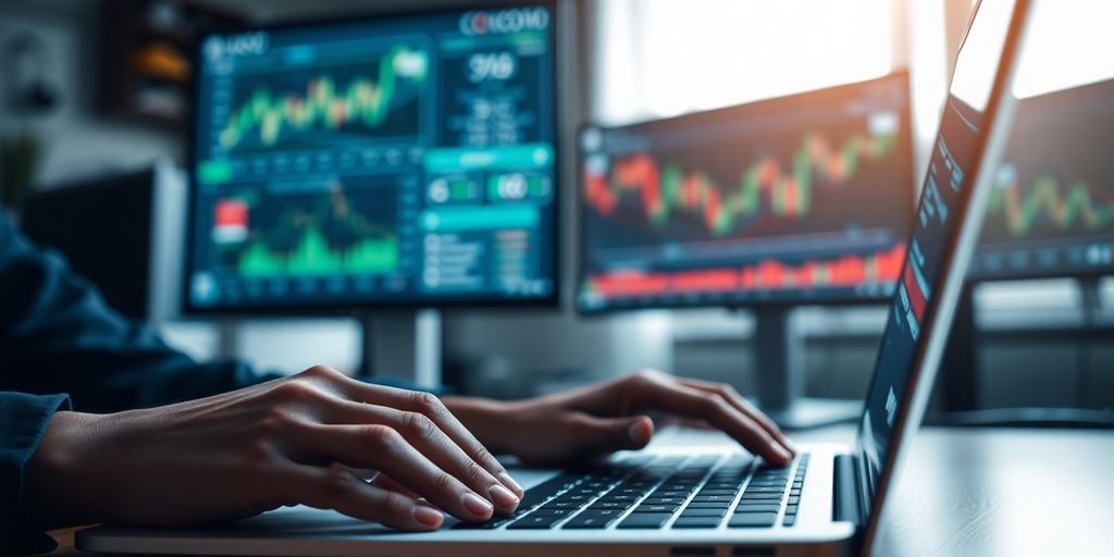 Financial professional with a laptop and multiple screens