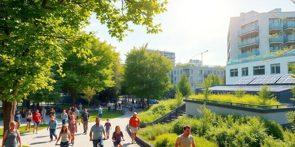 Green city park, diverse people, sustainable urban life.