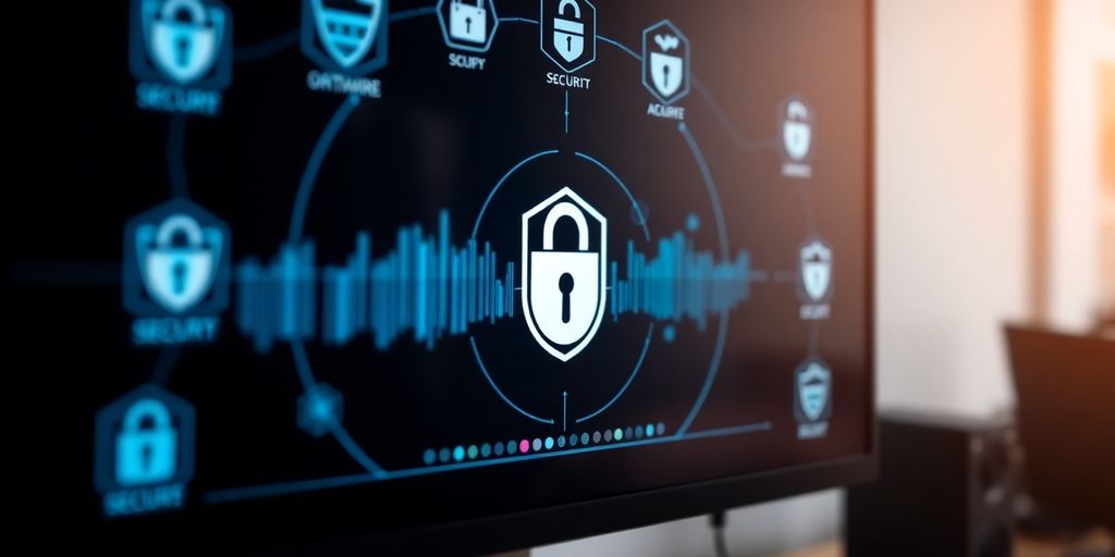 Computer screen with security icons and software interface.