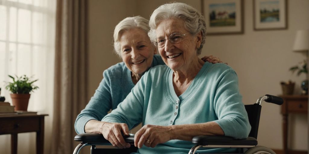 Elderly person in a wheelchair being assisted by a caregiver at home, highlighting safe wheelchair rental tips.