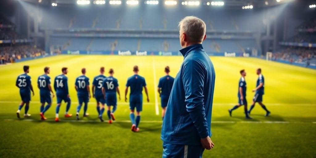Coach on Chelsea pitch, many players departing, bright stadium lights.