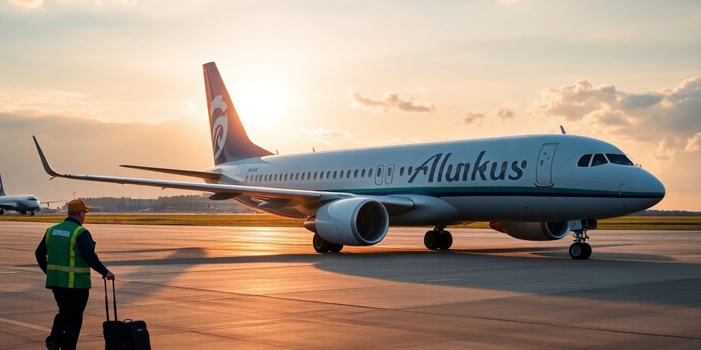 Alaska Airlines plane on runway with traveler and uniformed crew