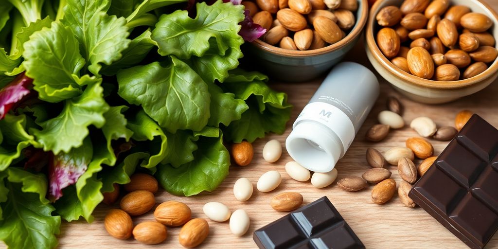 Groene bladeren, magnesiumsupplementen, noten, zaden, pure chocolade.