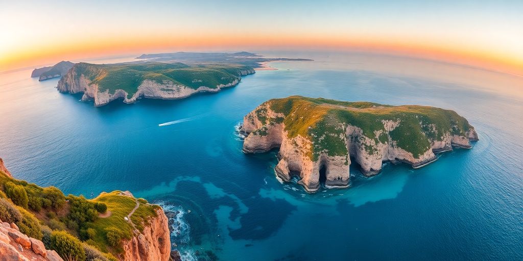 Panoramablick auf die Küste Sardiniens bei Sonnenuntergang.