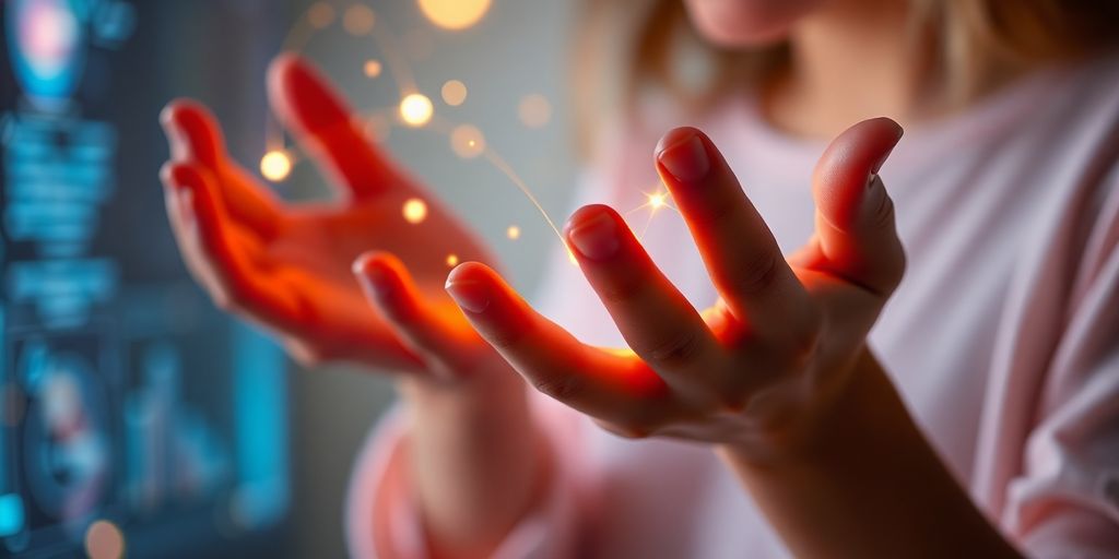 A woman's hands creating a glowing digital art.