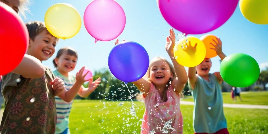 Kids playing with colorful reusable water balloons outdoors.