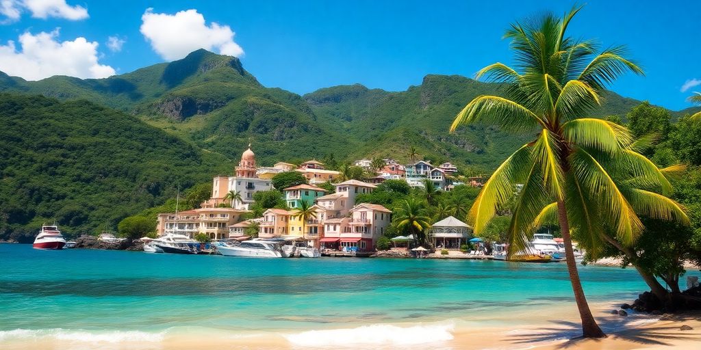 Colorful coastal town with mountains in background.