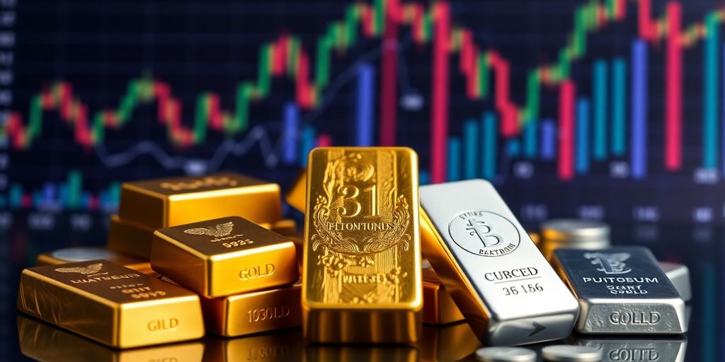 Metaux precieux en barres avec des elements financiers en arrière-plan.