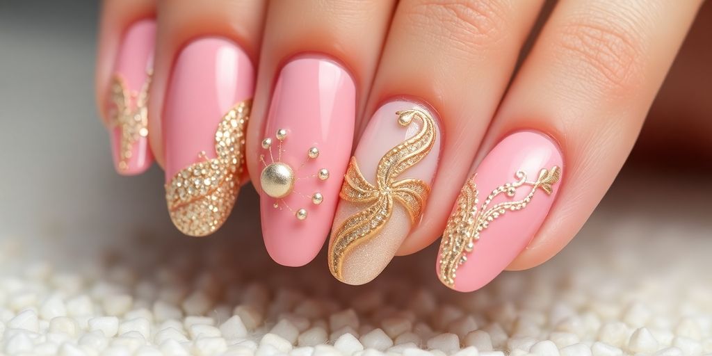 Unhas decoradas em rosa e dourado, elegantes e sofisticadas.
