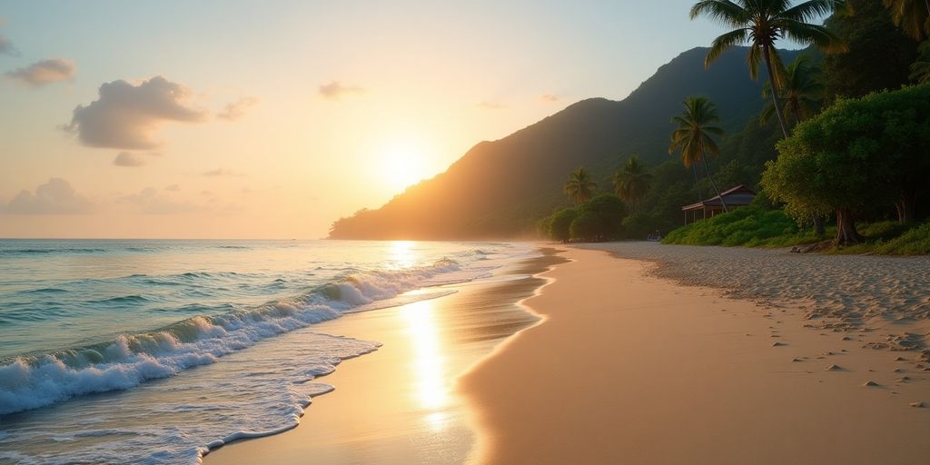 Serene beach in Samui at sunrise with lush greenery.