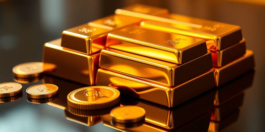 Lingots d'or empilés et pièces d'or brillantes