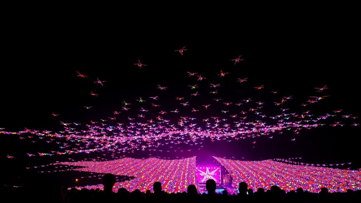 Spectacle lumineux de drones dans le ciel nocturne.