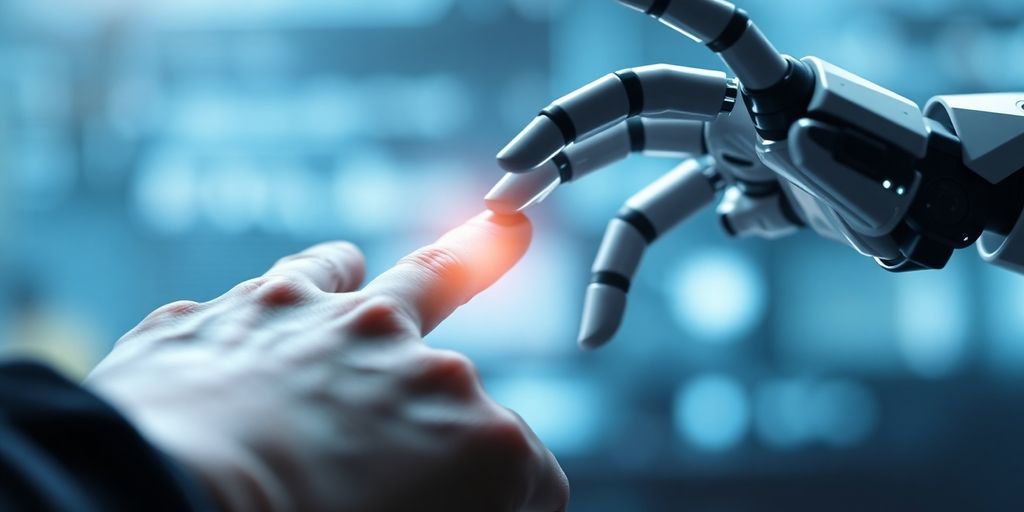 Human hand and robotic hand interacting.