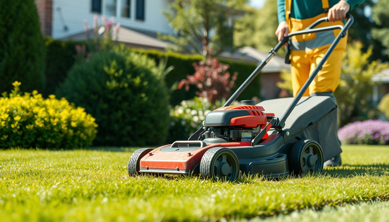 Gardener mowing a well-maintained lawn
