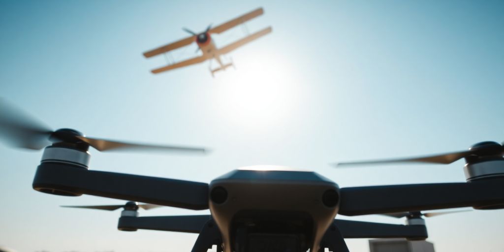 Un drone volant près d'un avion à réaction