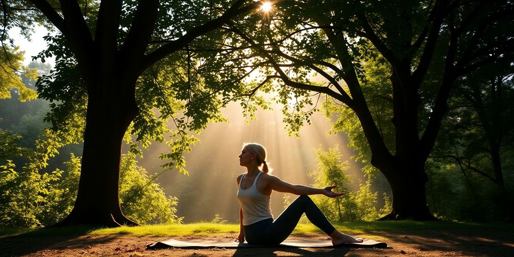 Persoon die lachyoga beoefent in de natuur.