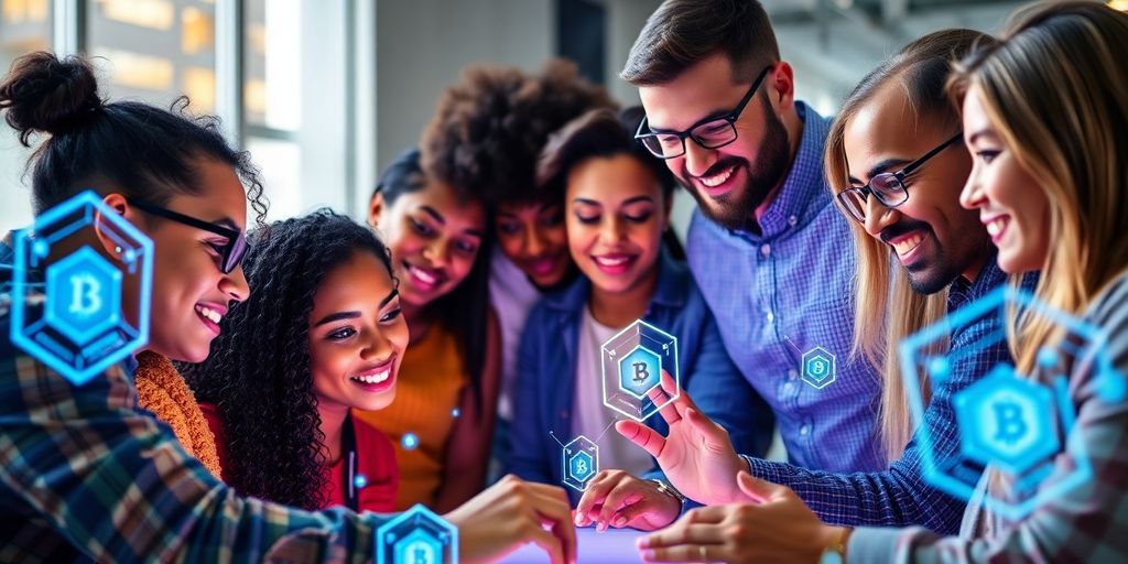 Diverse innovators collaborating on blockchain technology in a photo.