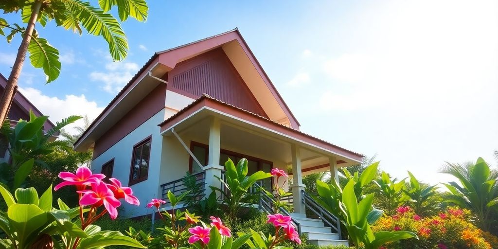 Affordable Thai house amidst tropical landscape.