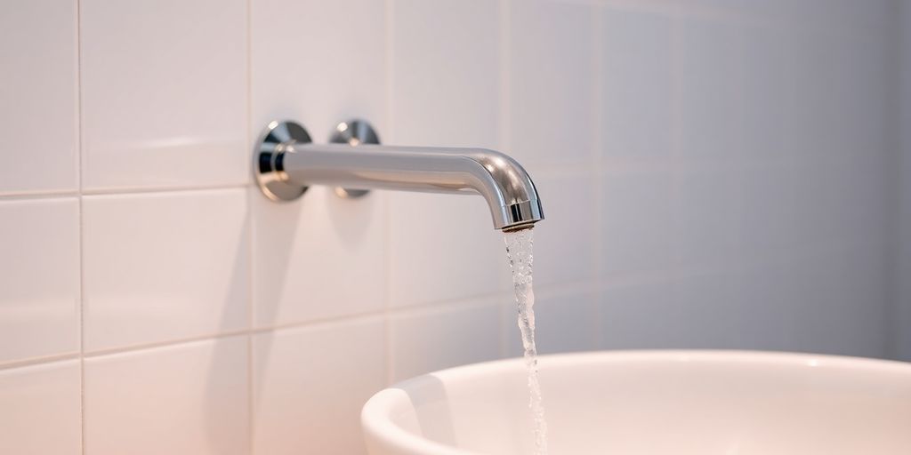 Sleek chrome wall-mounted faucet over a white bathroom basin.