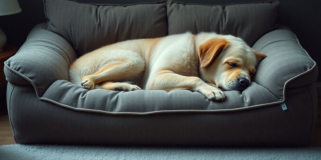 Large dog resting comfortably on a supportive bed.